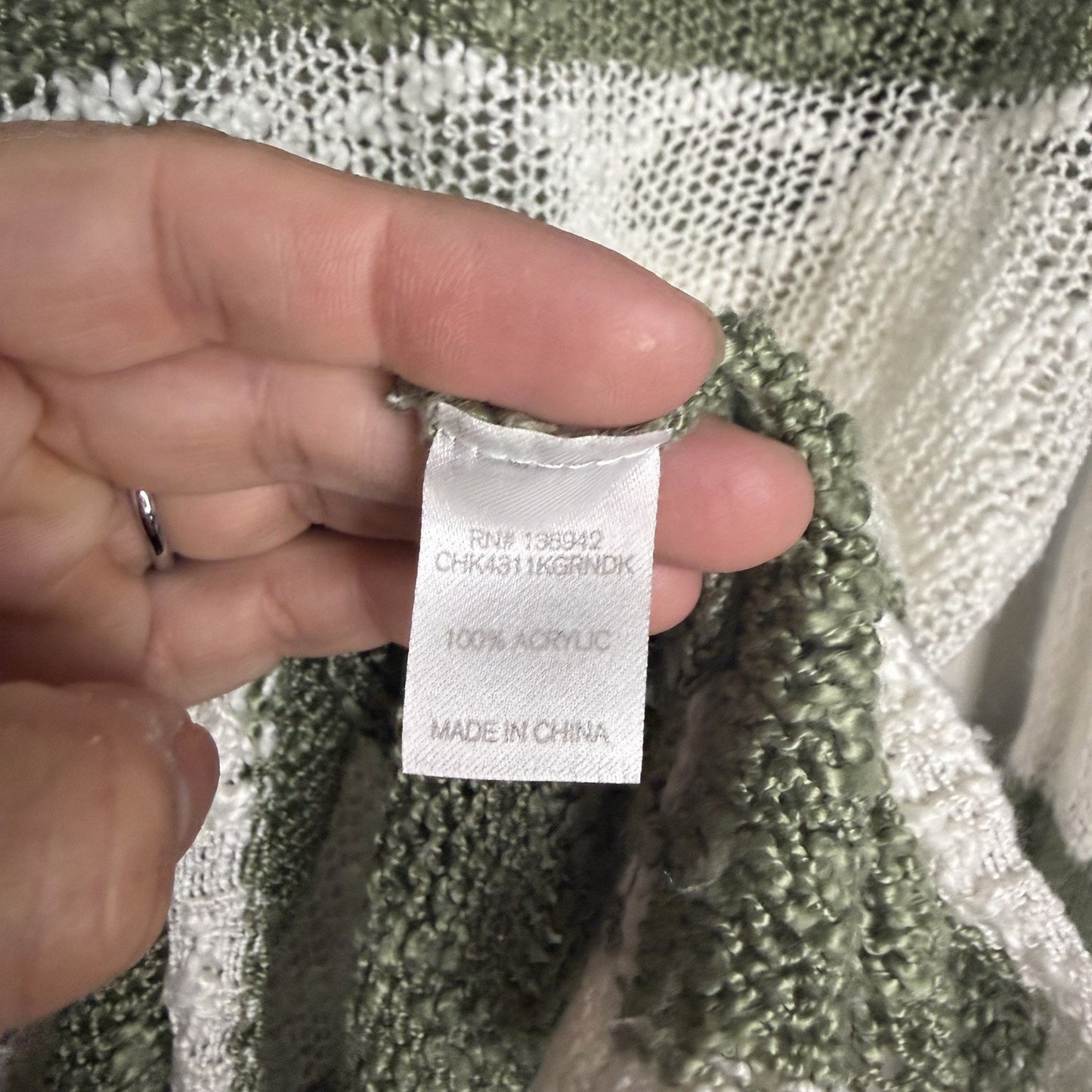 Charming Charlie Womens Medium Olive Green White Striped Open Knit Sweater