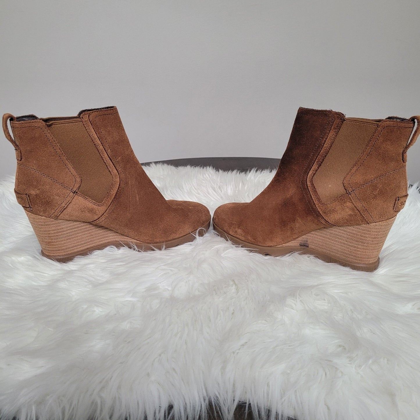 Sorel Women’s 9 Joan Uptown Wedge Booties Brown Suede Chelsea EUC 1930931