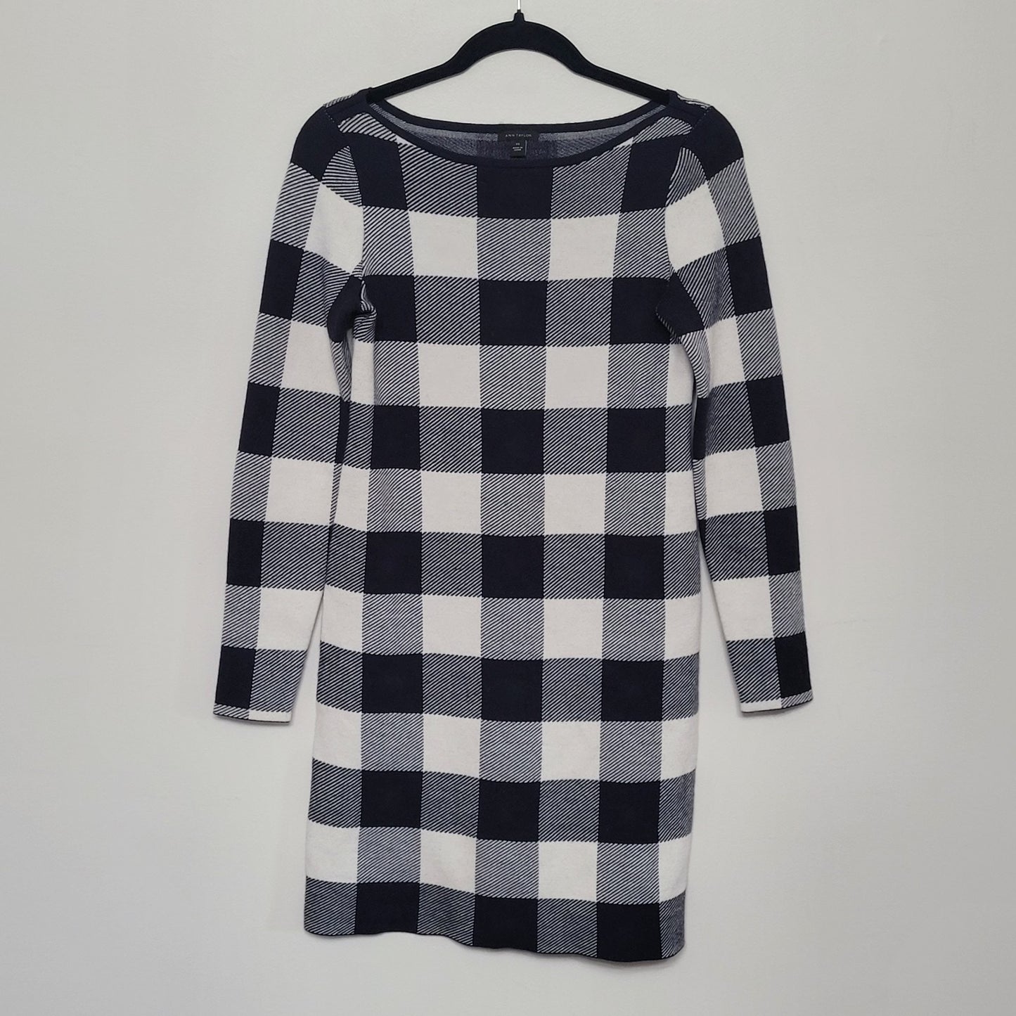 Ann Taylor Women’s XS Sweater Wool Dress Black White Buffalo Plaid Long Sleeve