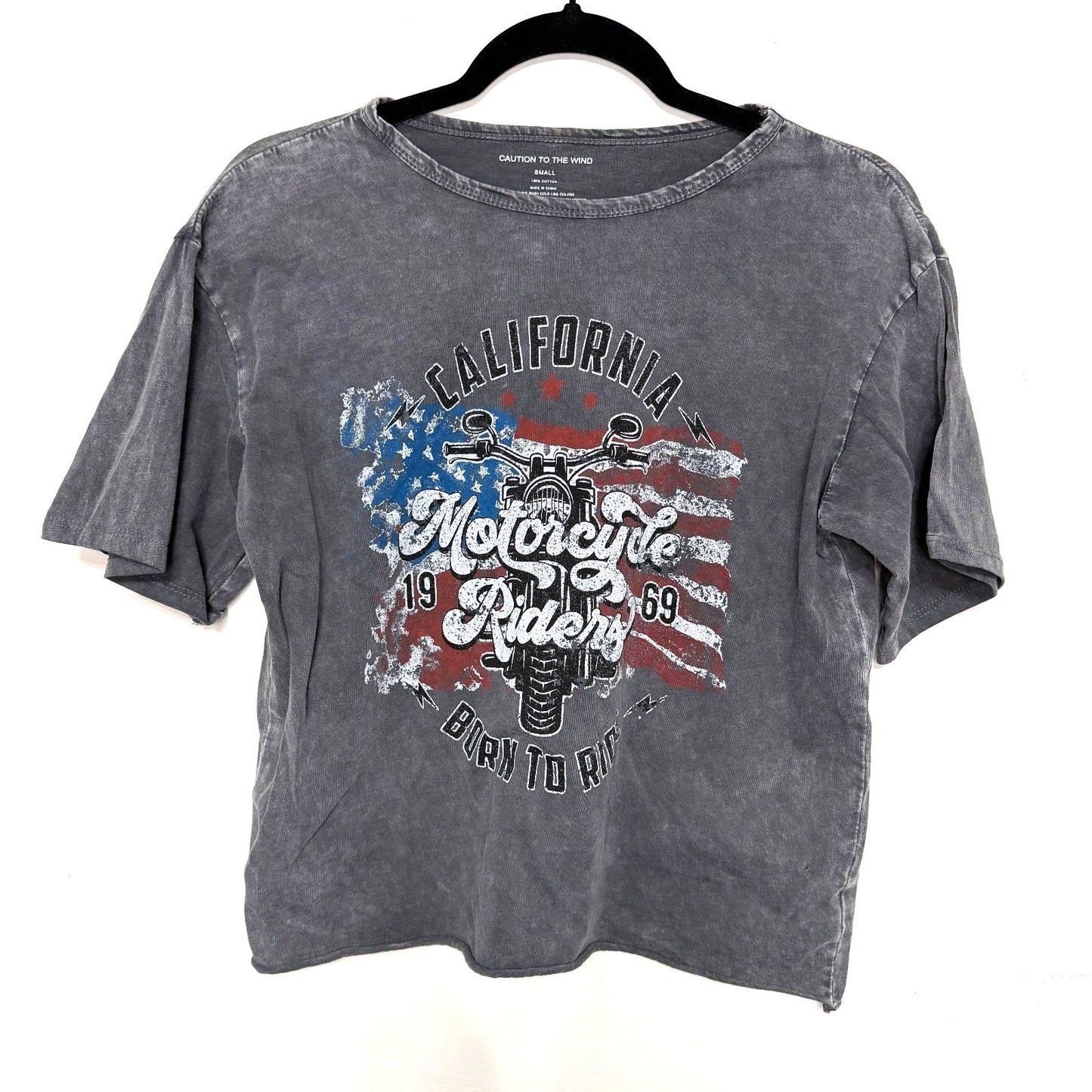 Caution To The Wind Womens M Gray Burnout Crop Tee Motorcycle Graphic Y2K