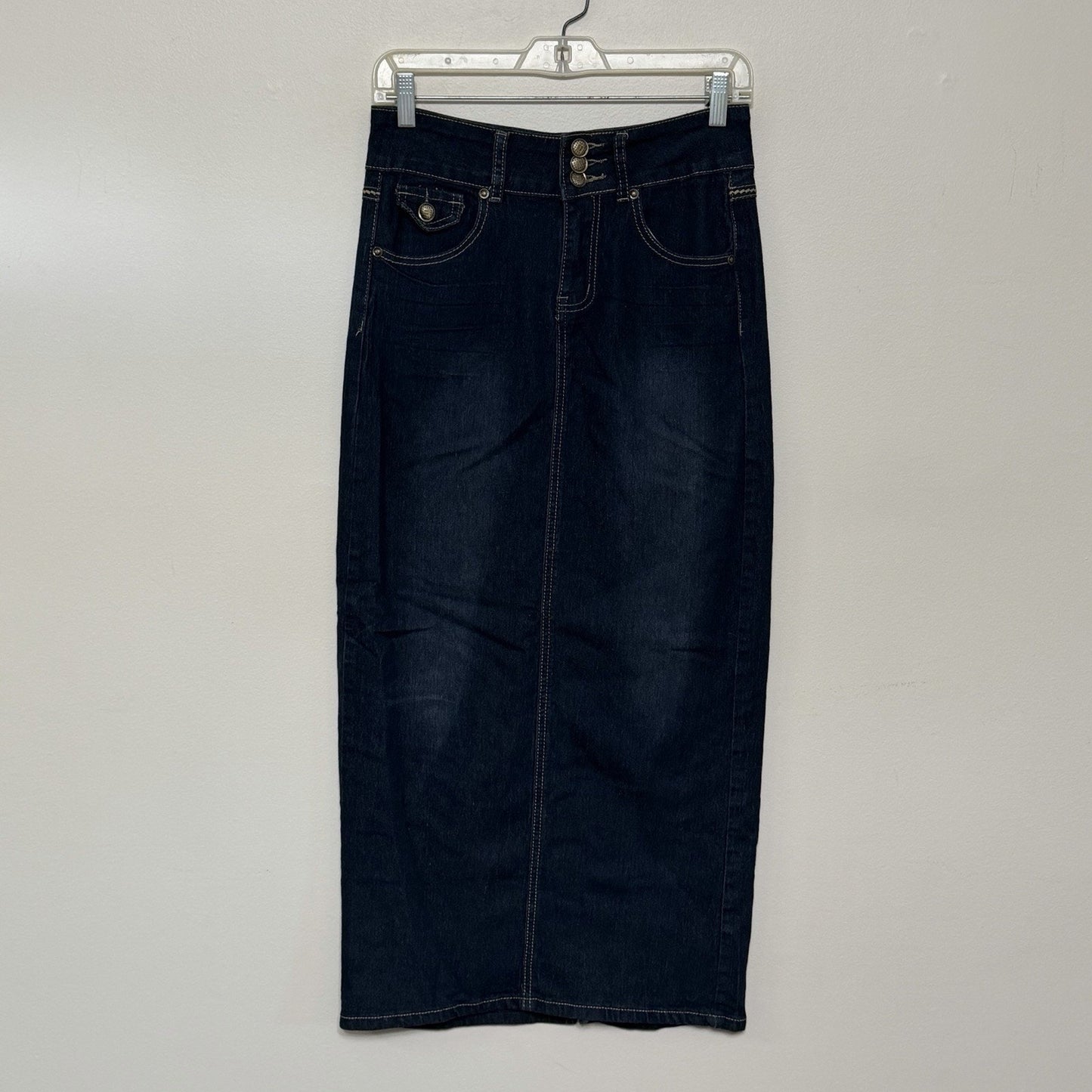 No Fuze Women's 6 Denim Maxi Pencil Skirt Blue Belted Loops Pockets Y2K Cottage