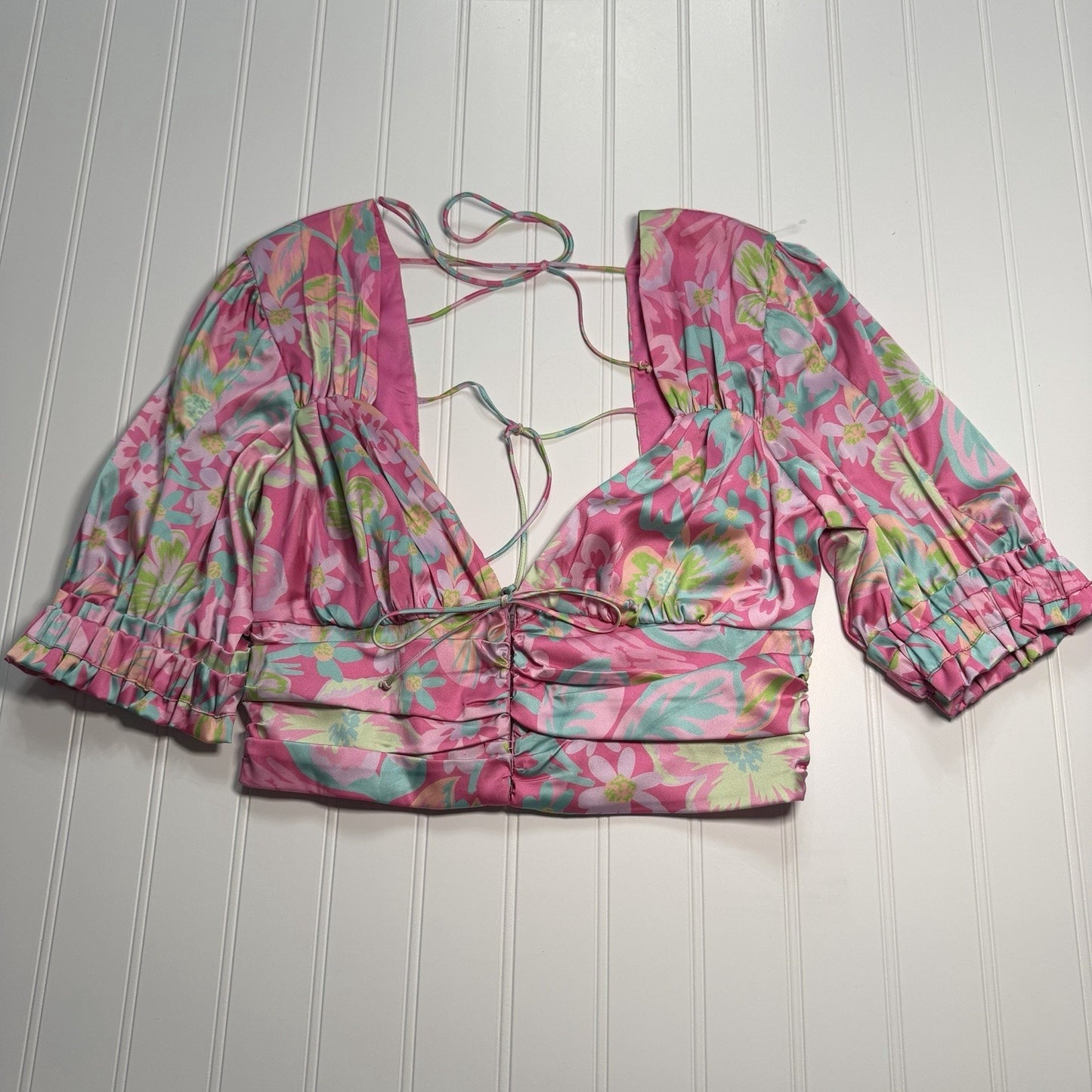 For Love & Lemons Julien Satin Crop Top in Pink/Green 45320