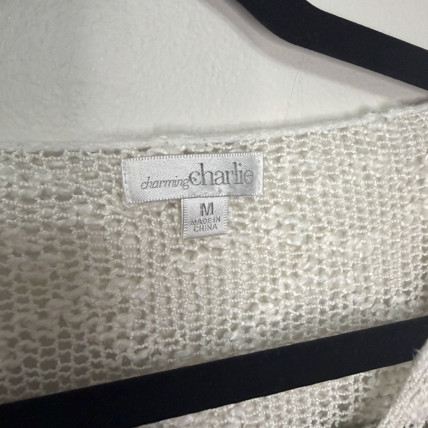 Charming Charlie Womens Medium Olive Green White Striped Open Knit Sweater