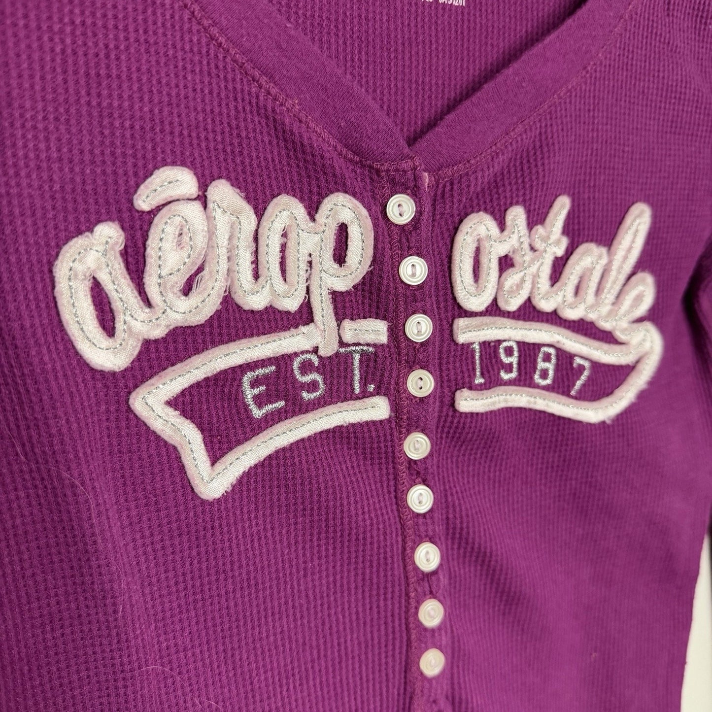 Aeropostale Retro Y2K Womens M Purple Waffle Henley Spellout Logo Top