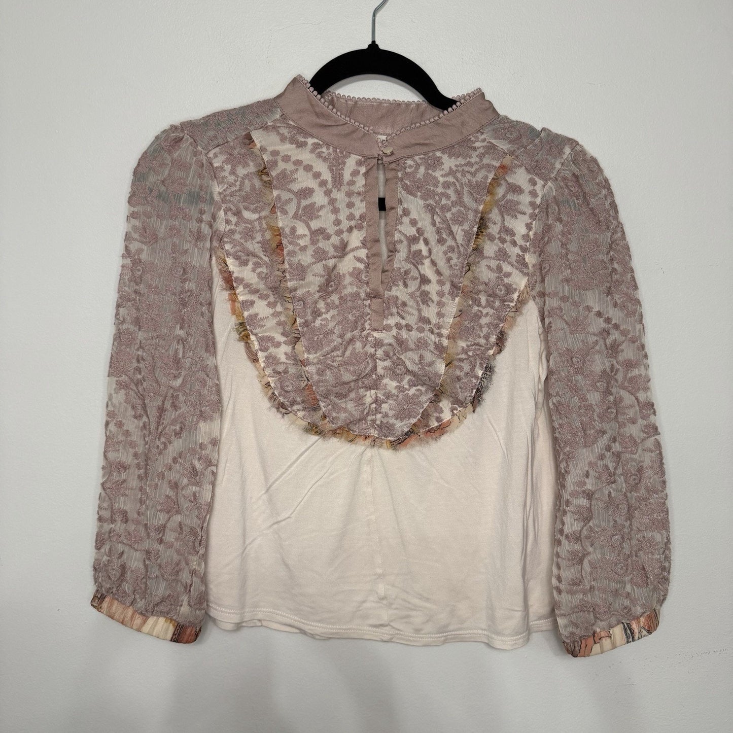 Tiny by Anthropologie Cream & Pink High Neck Lace Front Blouse Size Medium