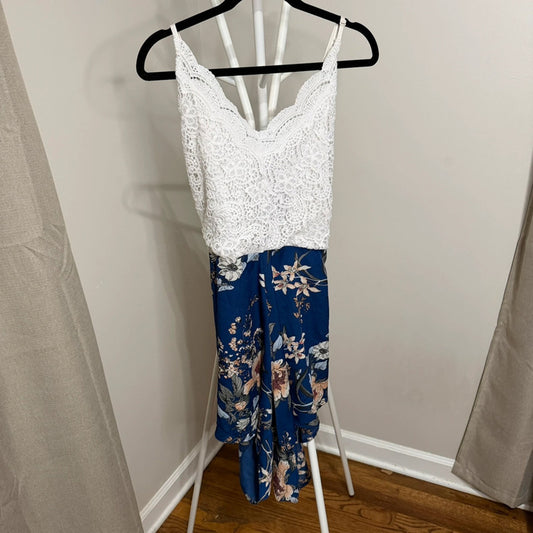 SHEIN Curve Women’s 3X Lace Floral Romper White Blue Open Back Cottagecore