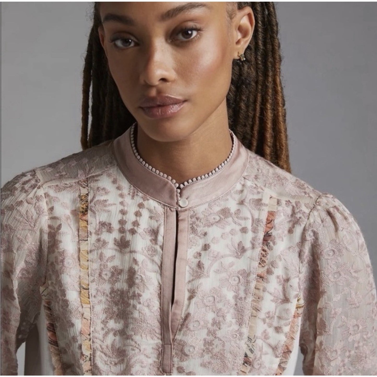 Tiny by Anthropologie Cream & Pink High Neck Lace Front Blouse Size Medium