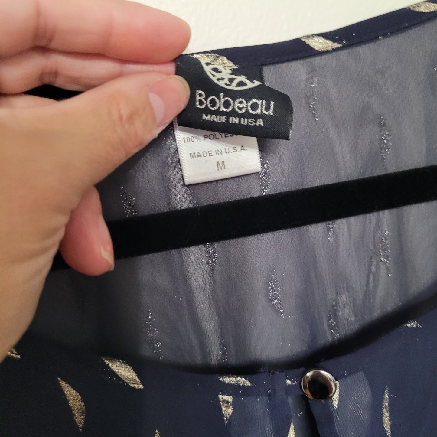 Bobeau Navy Gold Metallic Print A-Line Dress Medium Long Sleeve Boho