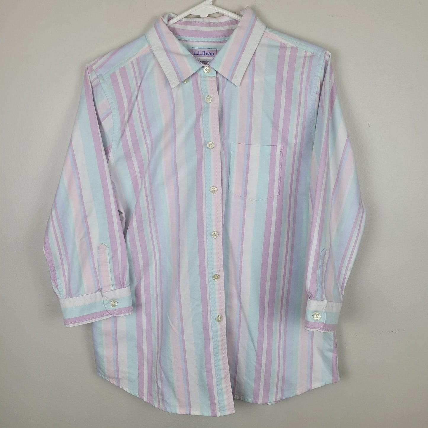 L.L. Bean Womens Medium Cotton Button Up Shirt Pastel Stripe 3/4 Sleeve Preppy