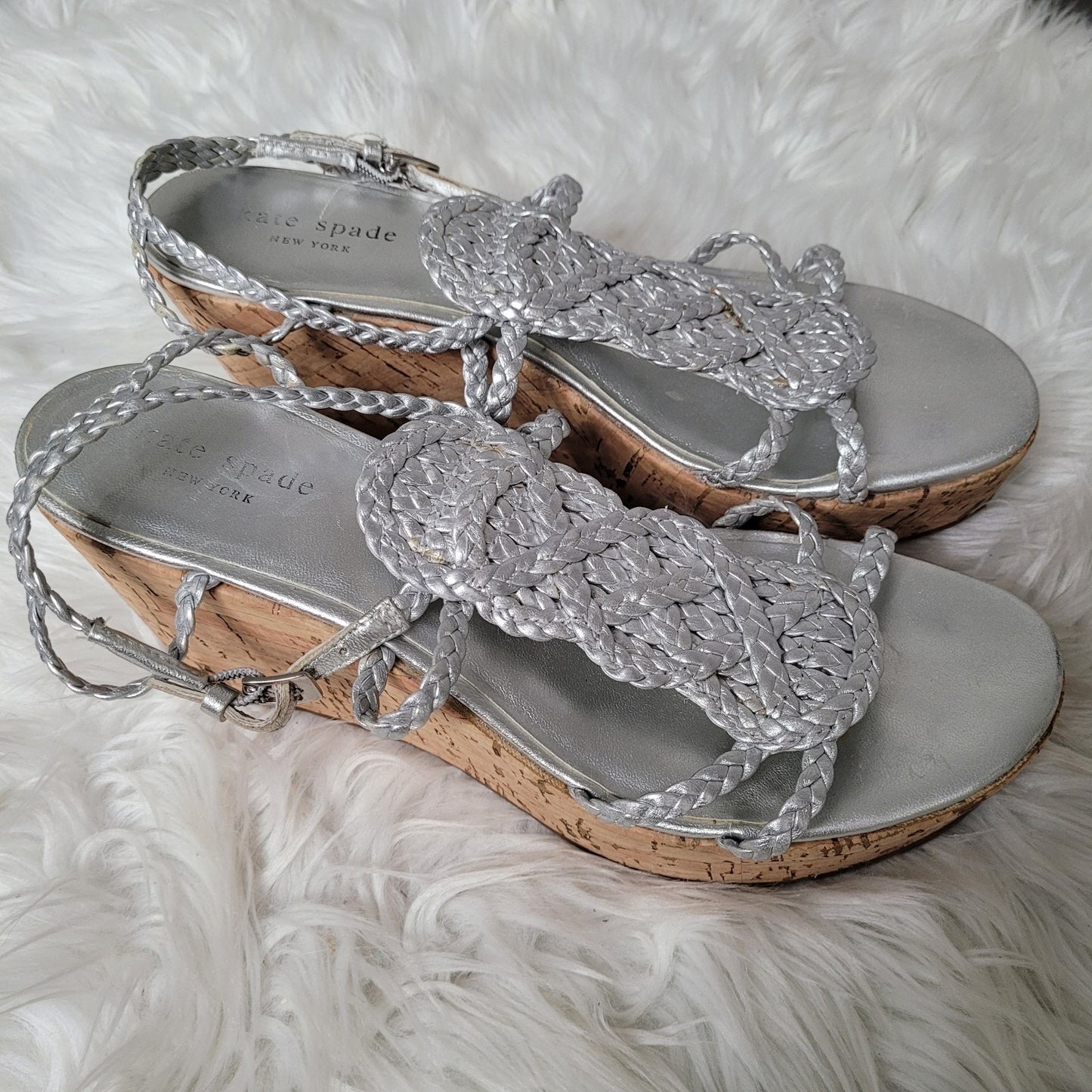 Kate Spade New York Women’s 8.5 Wedge Sandals Silver Braided Cork Heel