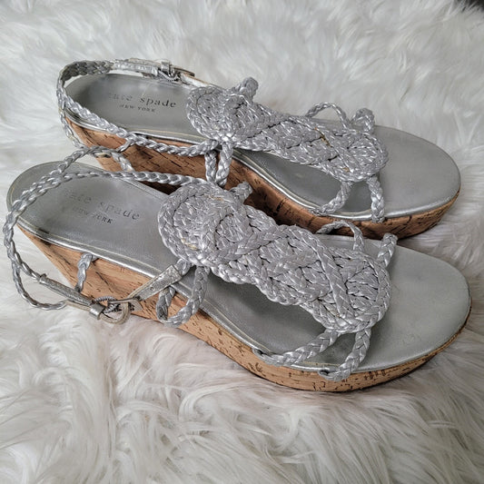 Kate Spade New York Women’s 8.5 Wedge Sandals Silver Braided Cork Heel