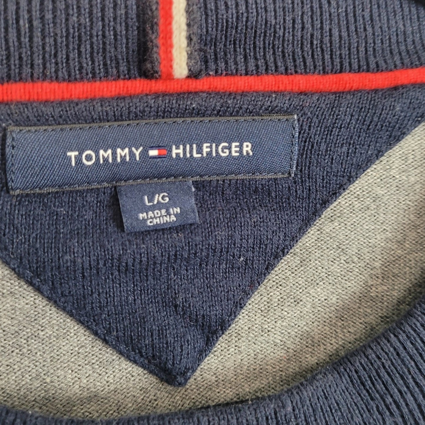 Tommy Hilfiger Mens Large Sweater Gray Blue Red White Colorblock Logo Preppy