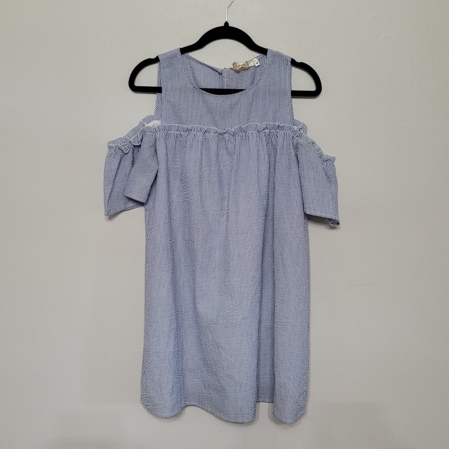 Andree by Unit Women’s Medium Dress Blue White Stripe Off Shoulder Ruffle