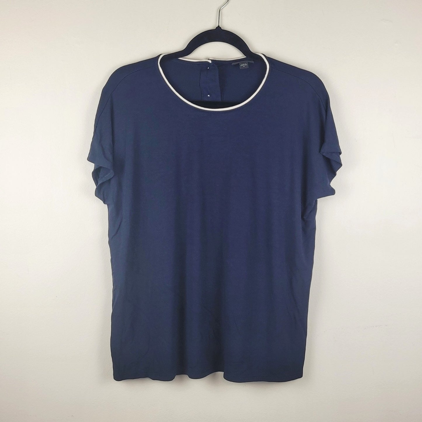 J Jill Wearever Collection Womens Medium Navy Blue Blouse Short Sleeve VGUC