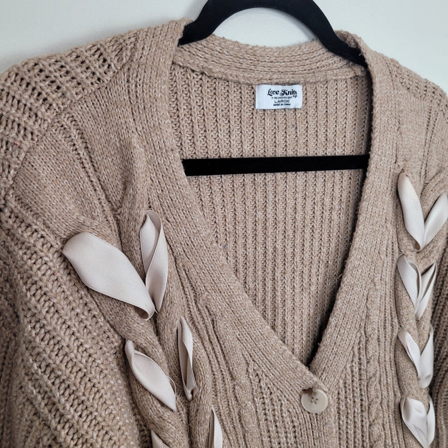 Love Knits Womens Large Tan Cardigan Sweater Ribbon Lace Up Detail Chunky Knit
