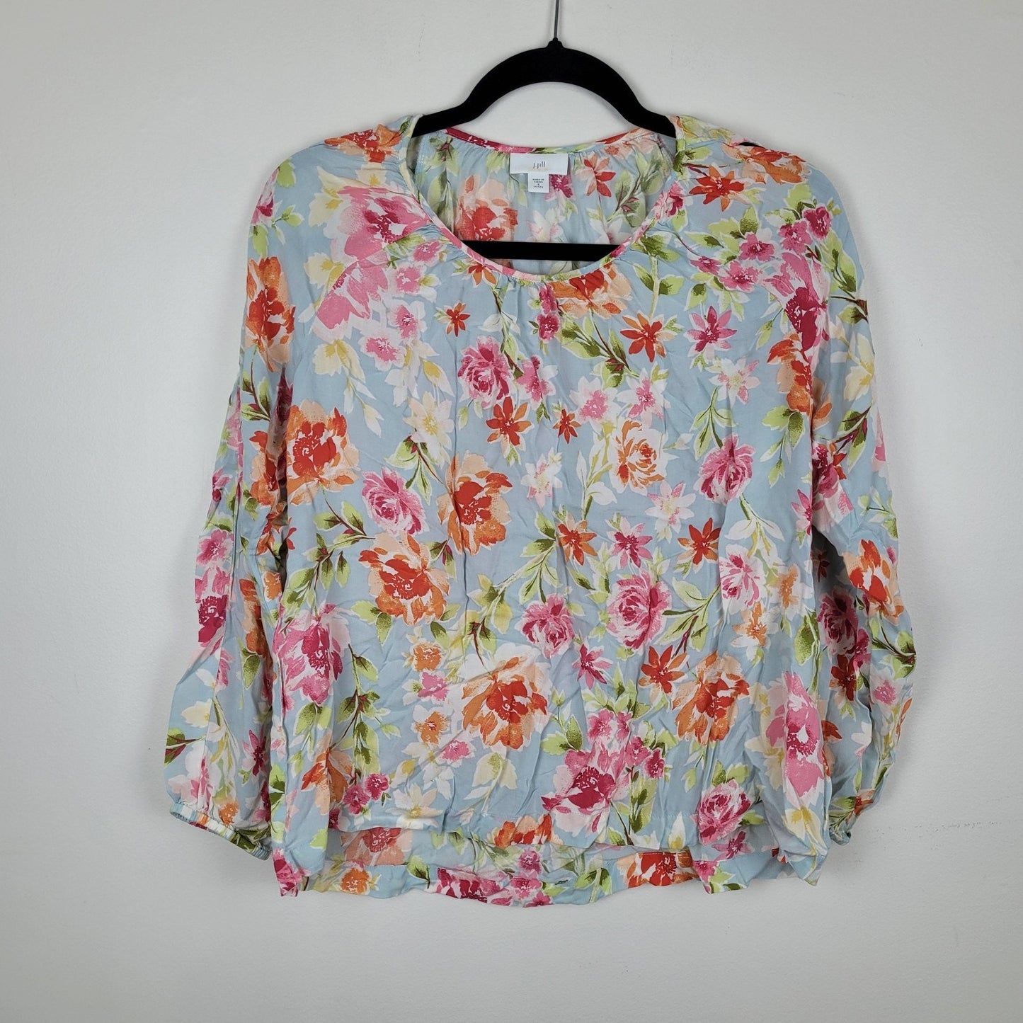 J.Jill Womens S Petite Floral Blouse Multicolor Round Neck Cold Shoulder LS