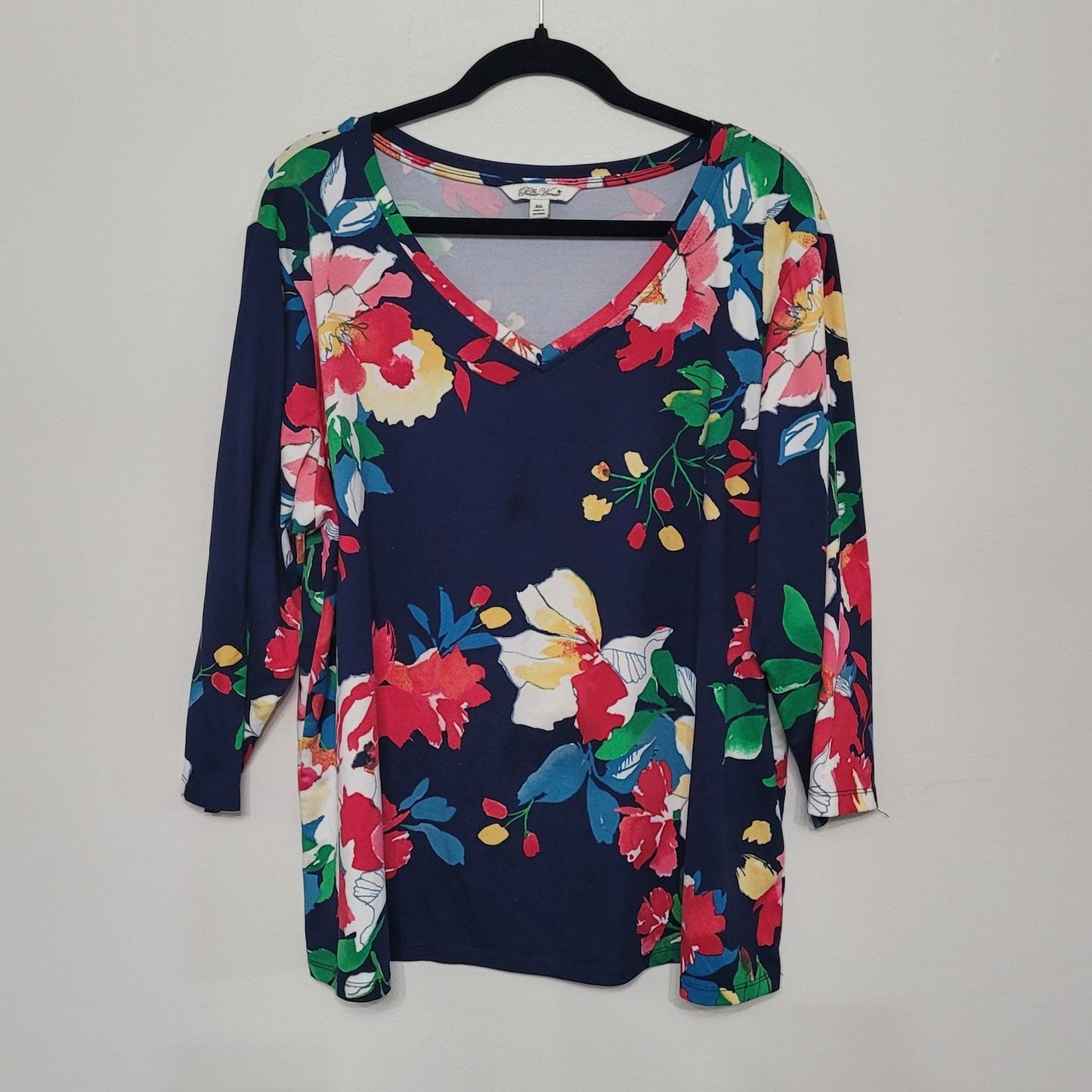 Pioneer Woman Women’s XXL Top Navy Floral V Neck 3/4 Sleeve Stretch VGUC