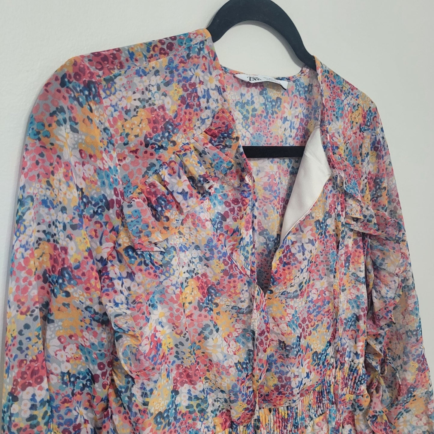 Zara Floral Print Ruffle Dress Small Long Sleeve Smocked Waist Boho