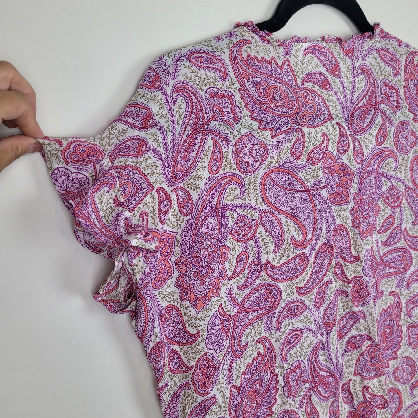 J.Jill Womens S Petite Blouse Pink Paisley Ruffle Short Sleeve Top