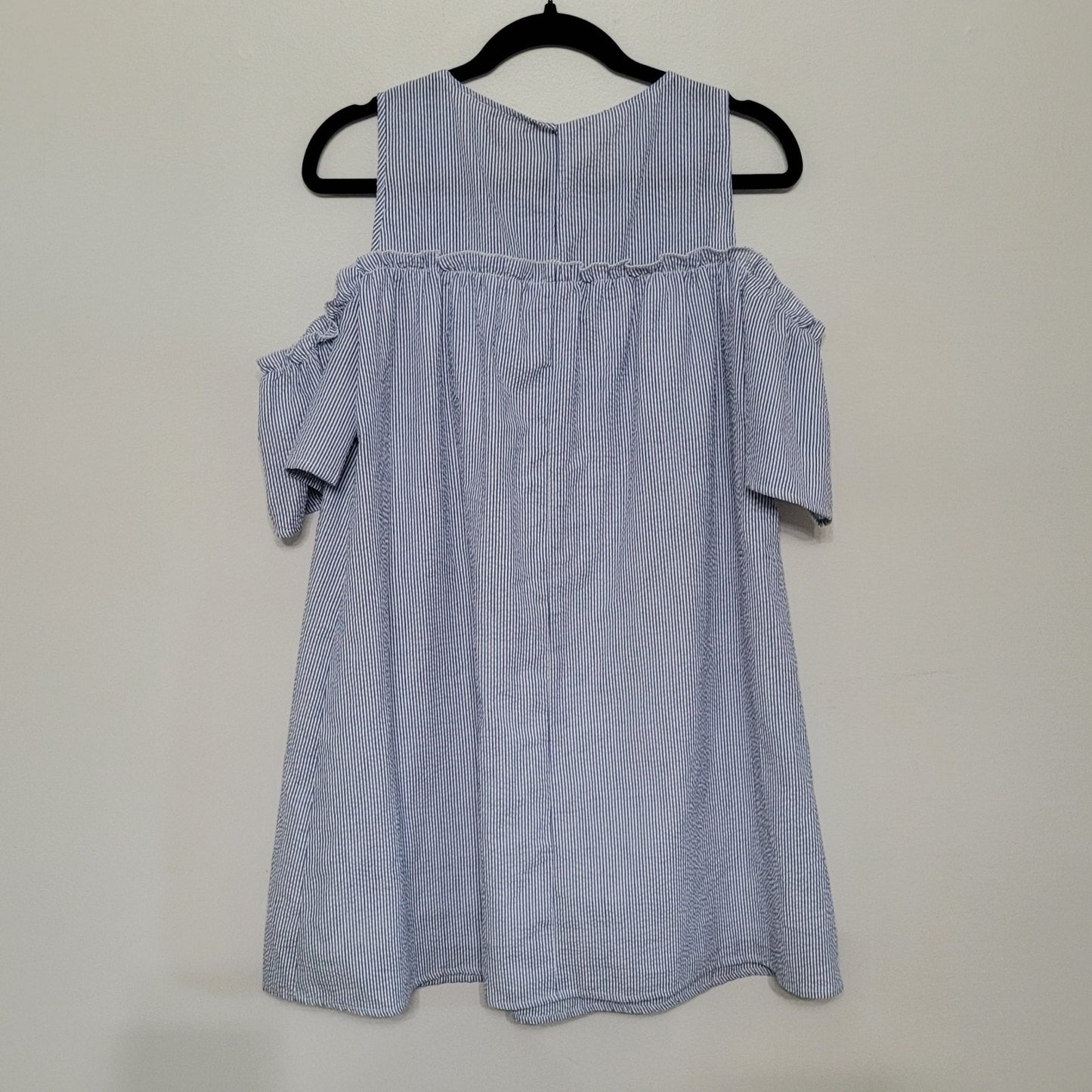 Andree by Unit Women’s Medium Dress Blue White Stripe Off Shoulder Ruffle