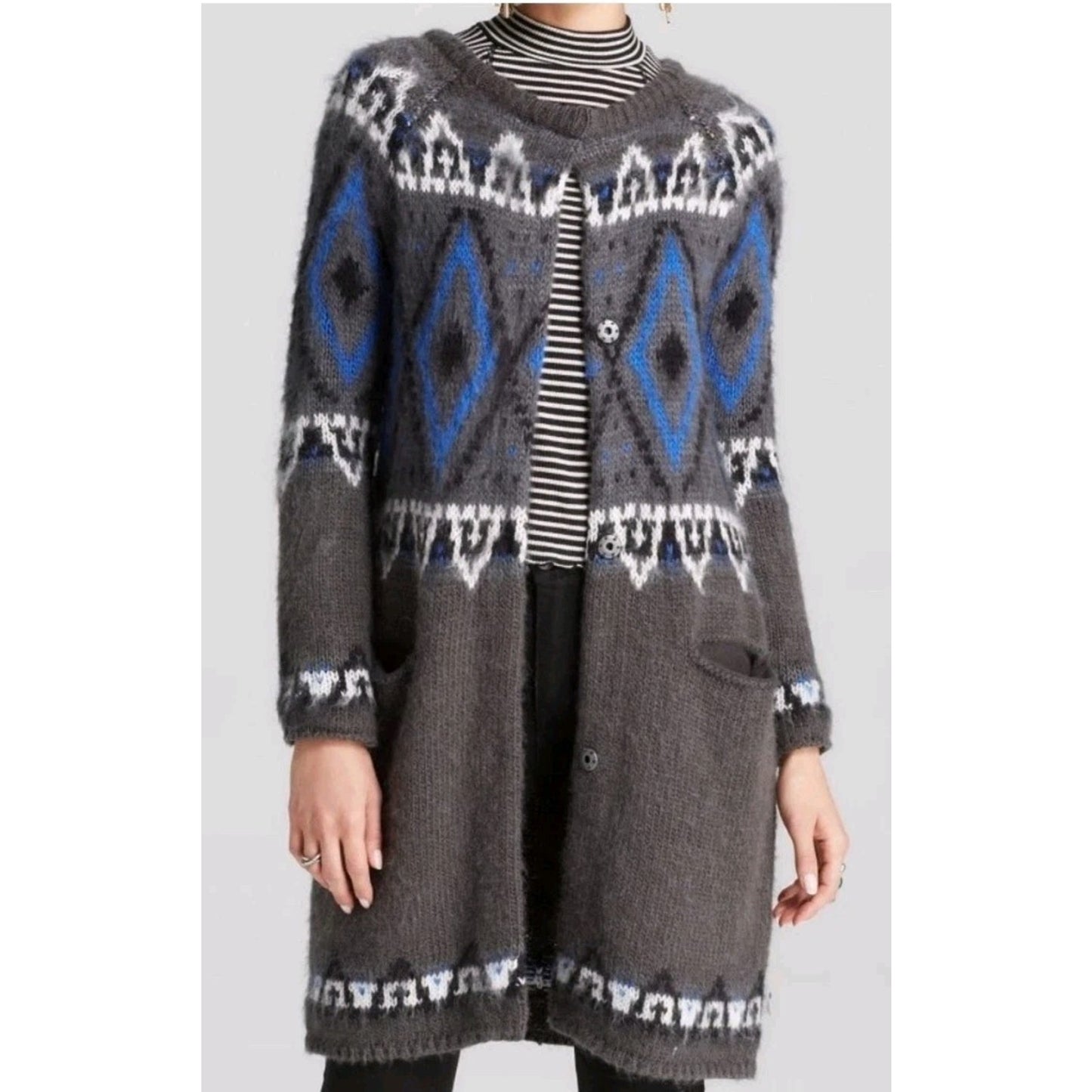 Free People F609X618 Frosted Fair Isle Cardigan Grey Combo SZ Medium