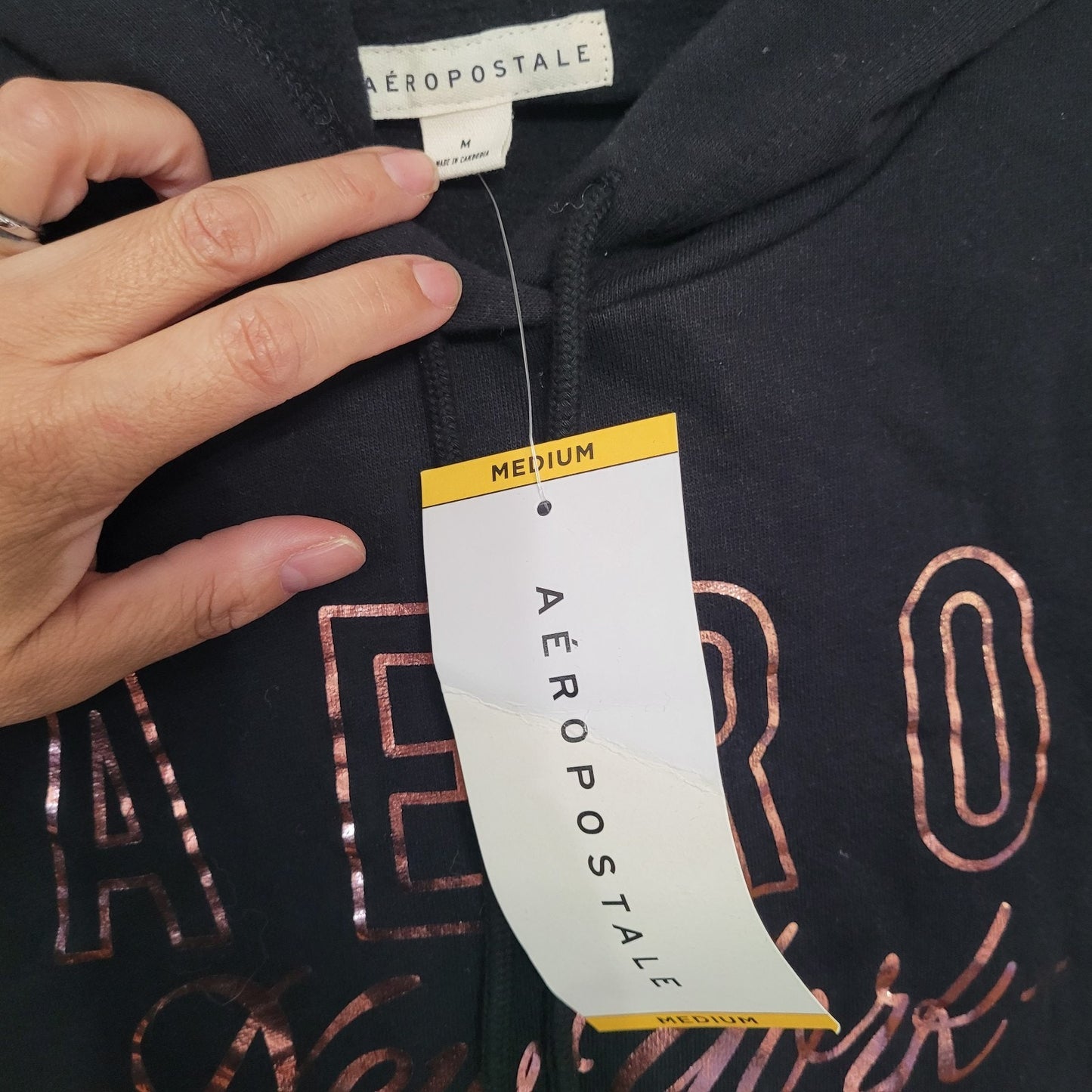 Aeropostale Women’s Medium Black Hoodie Metallic Rose Gold Logo NWT Comfortcore