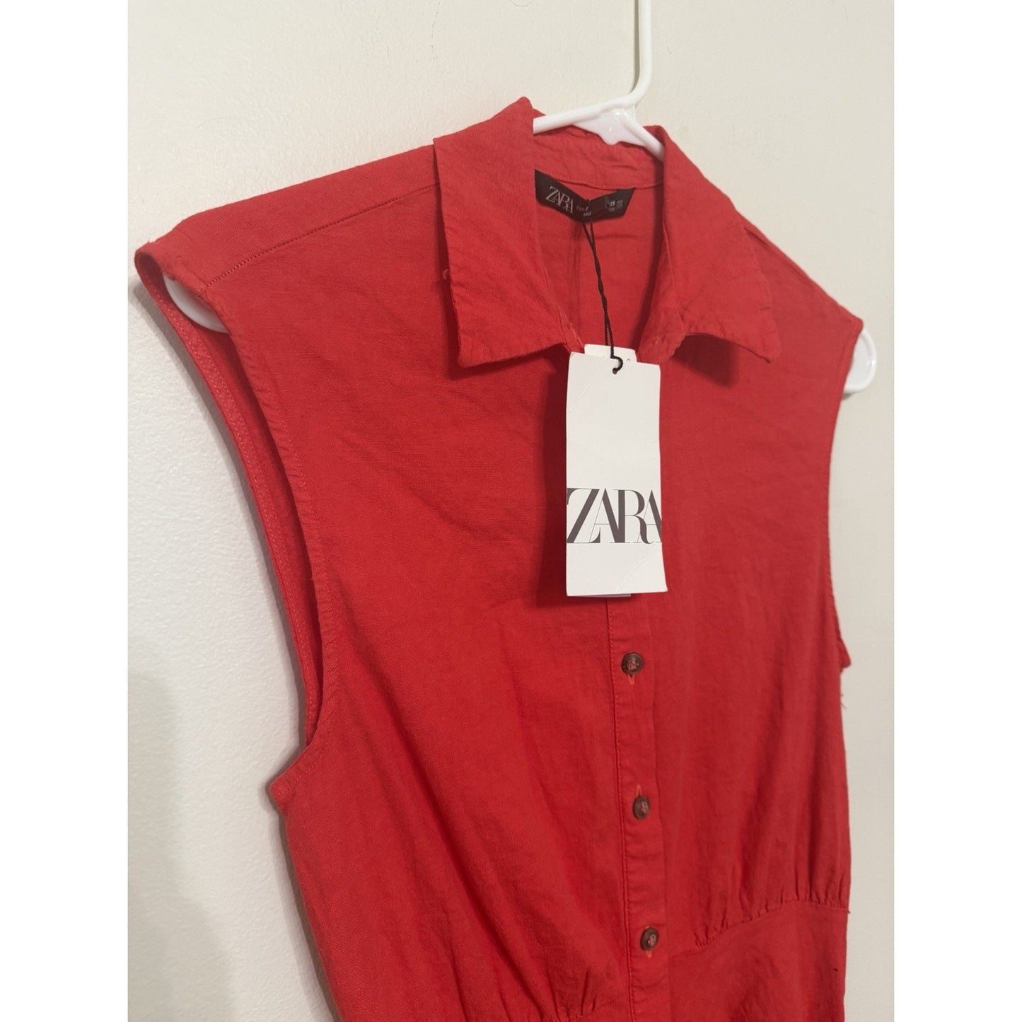 Zara Red Sleeveless Front Button Ruched Linen Blend Midi Dress Small NWT