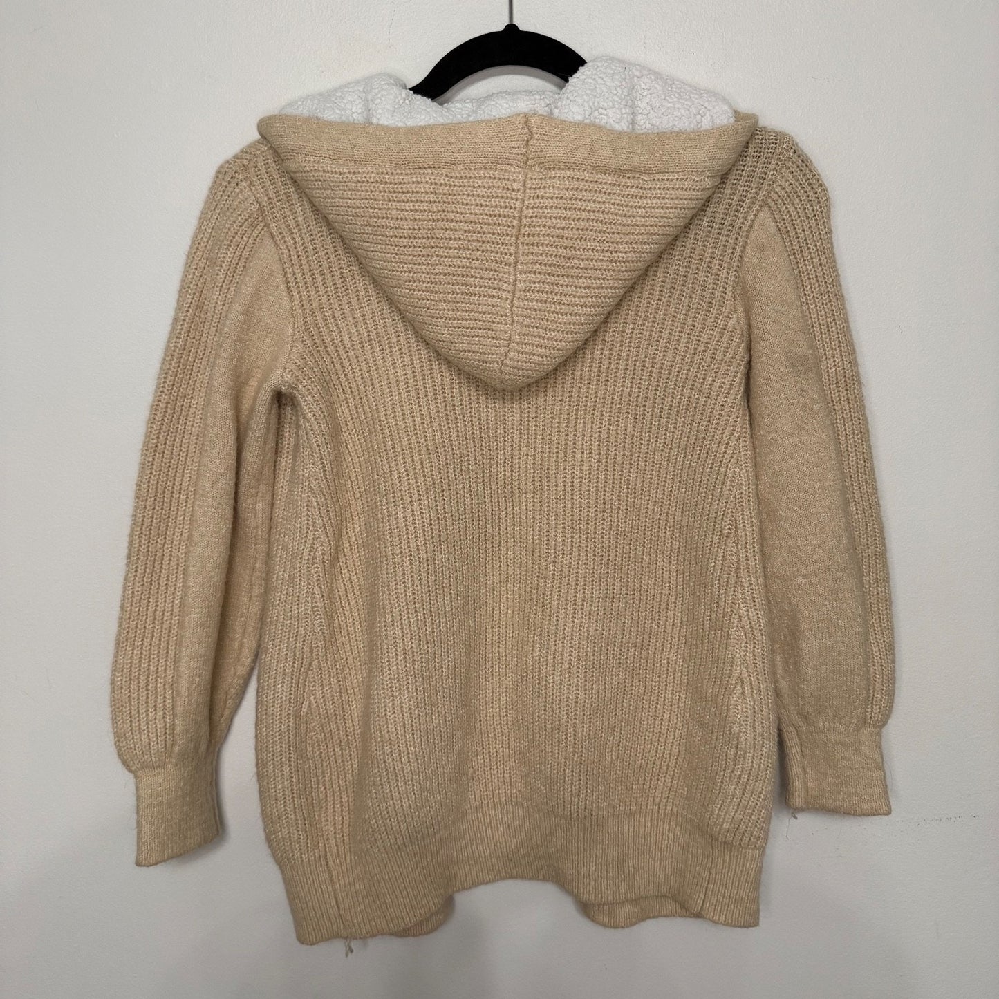 No Boundaries Juniors M Tan Knit Open Front Cardigan Sherpa Lined Hood Cozy