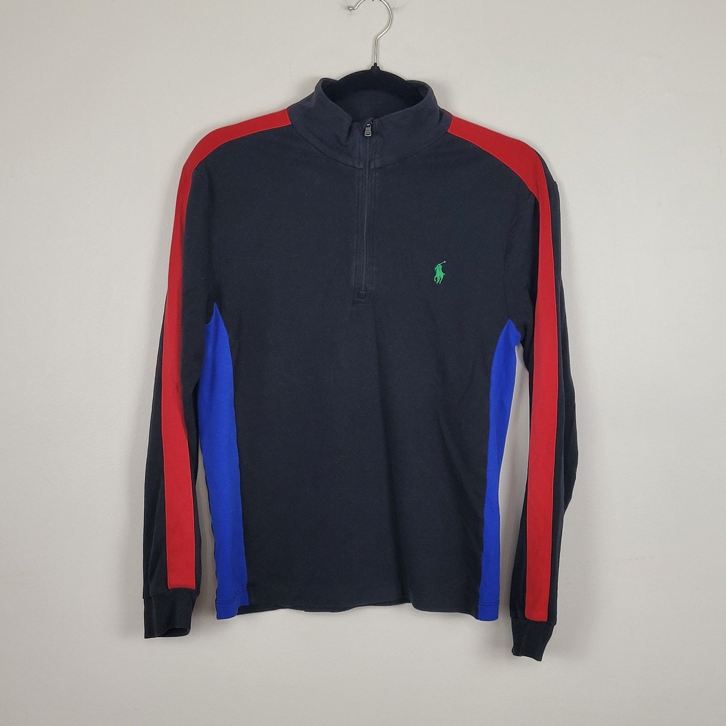 Polo Ralph Lauren Mens Small 1/4 Zip Pullover Black Red Blue Colorblock Pima