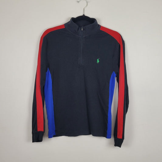 Polo Ralph Lauren Mens Small 1/4 Zip Pullover Black Red Blue Colorblock Pima