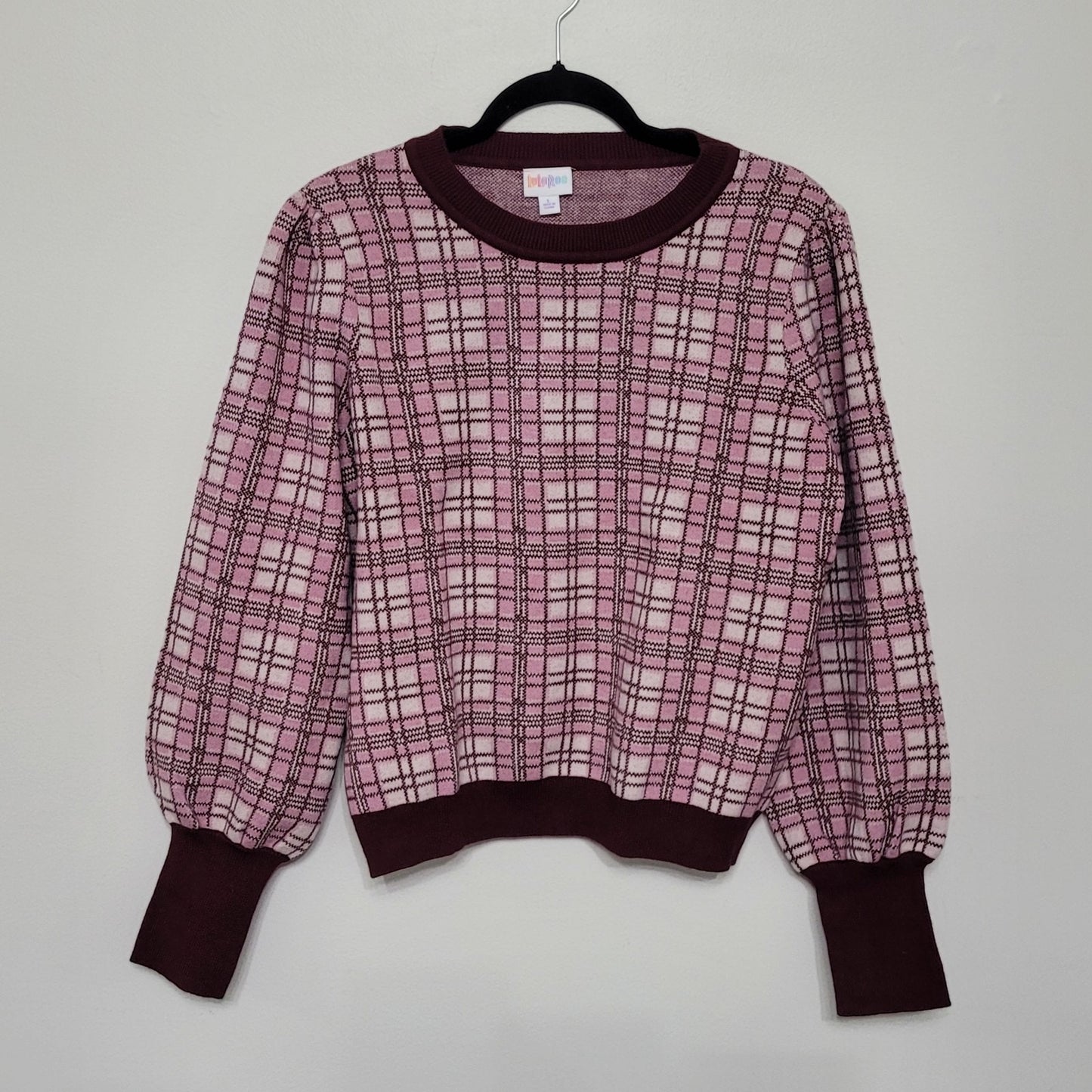 NWT LuLaRoe Women’s Large Piper Sweater Burgundy Plaid Balloon Sleeve