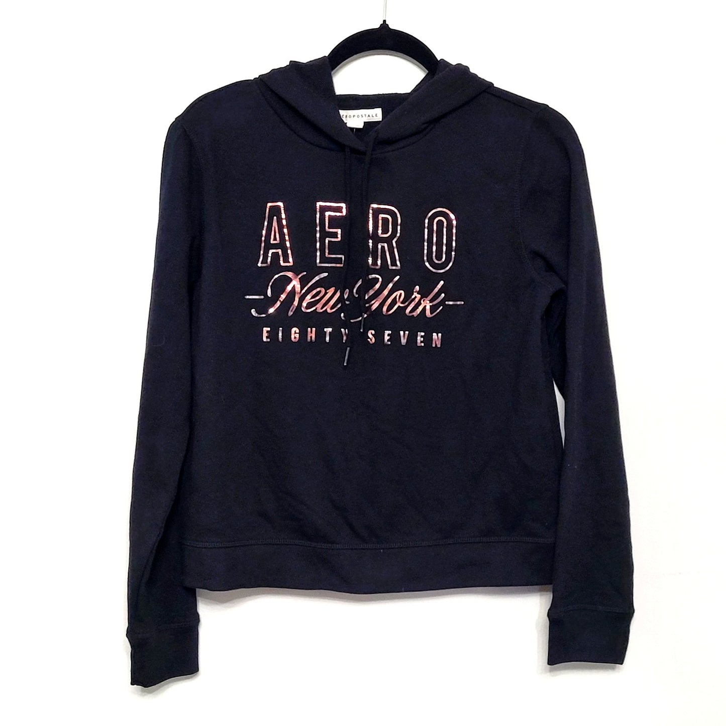 Aeropostale Women’s Medium Black Hoodie Metallic Rose Gold Logo NWT Comfortcore