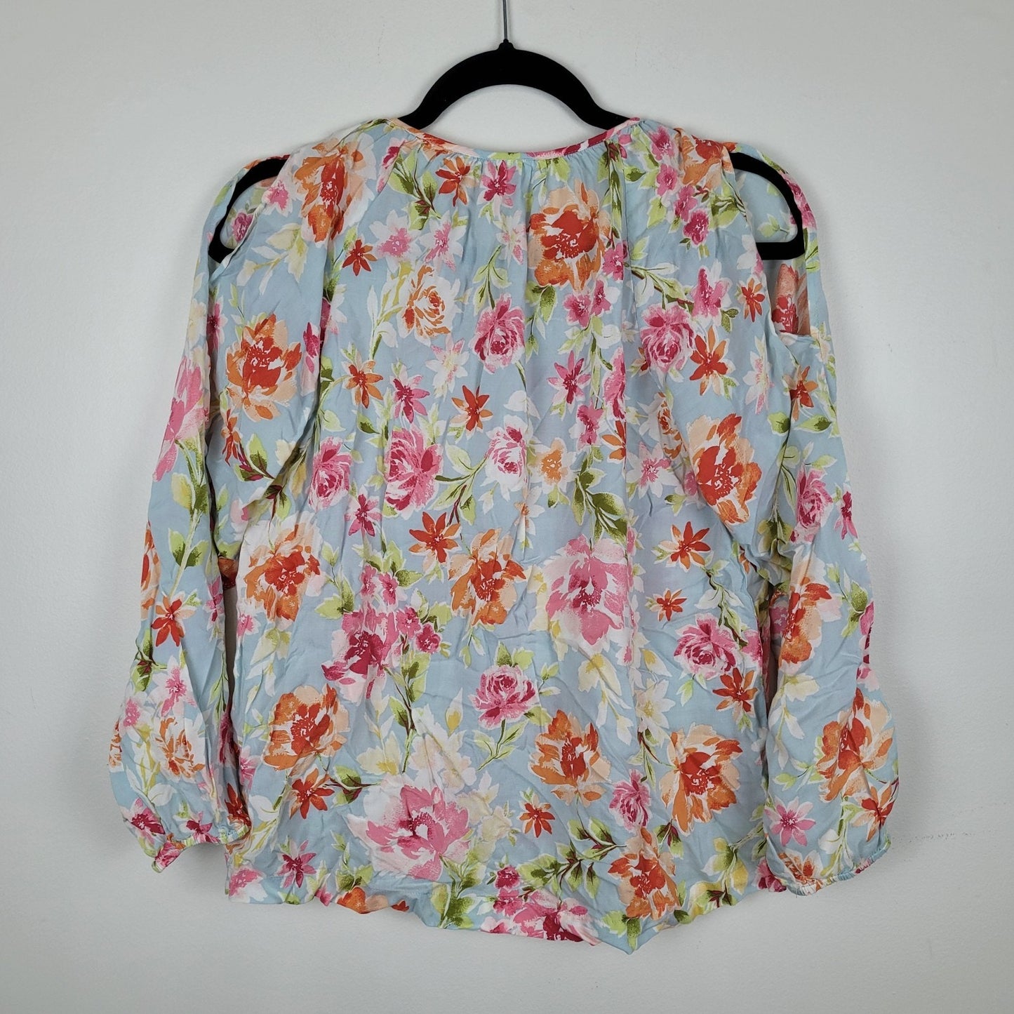 J.Jill Womens S Petite Floral Blouse Multicolor Round Neck Cold Shoulder LS