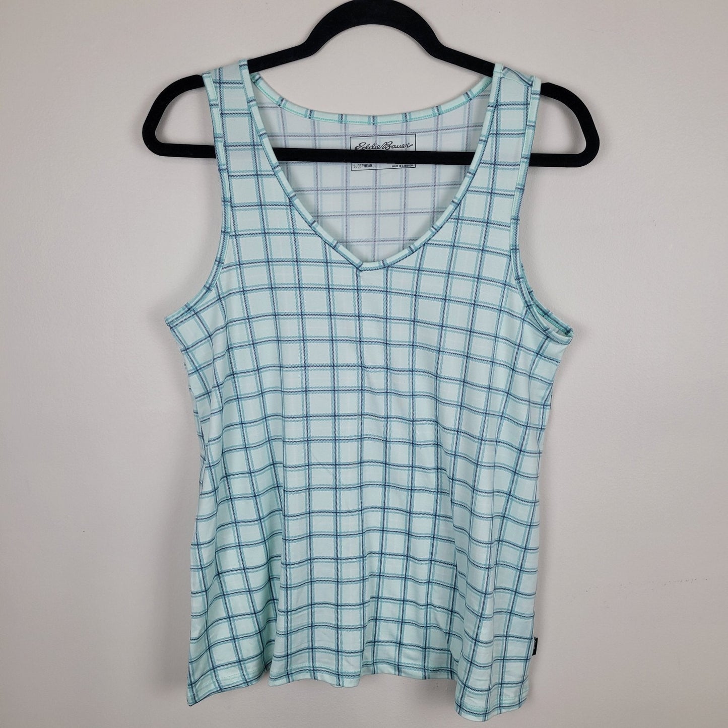 Eddie Bauer Womens Medium Pajama Tank Top Green Gray Plaid Soft Sleepwear Lounge