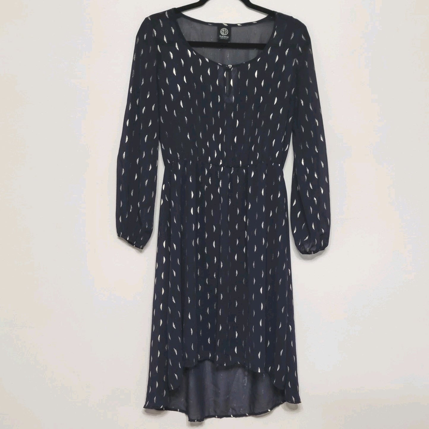 Bobeau Navy Gold Metallic Print A-Line Dress Medium Long Sleeve Boho