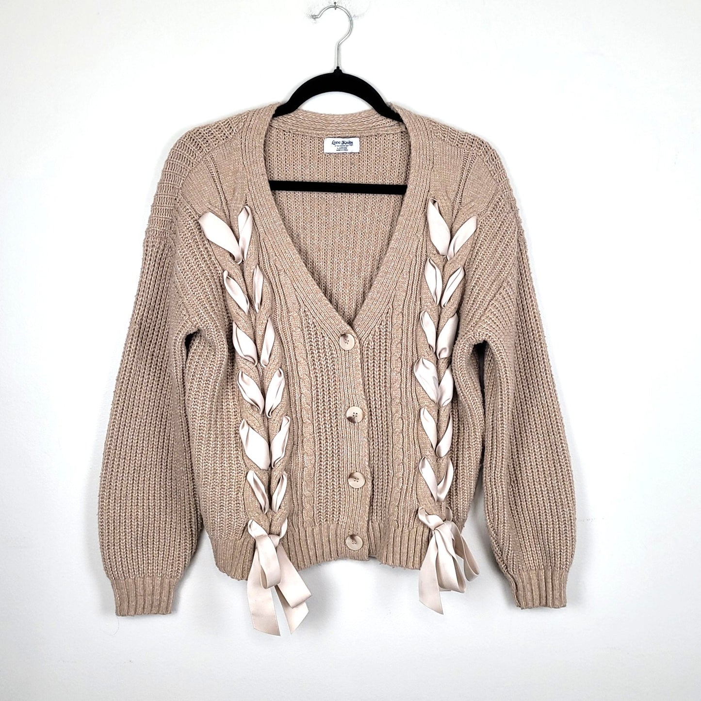 Love Knits Womens Large Tan Cardigan Sweater Ribbon Lace Up Detail Chunky Knit