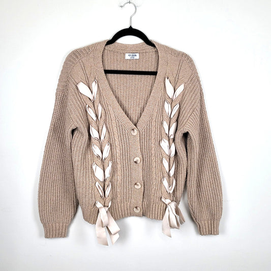 Love Knits Womens Large Tan Cardigan Sweater Ribbon Lace Up Detail Chunky Knit