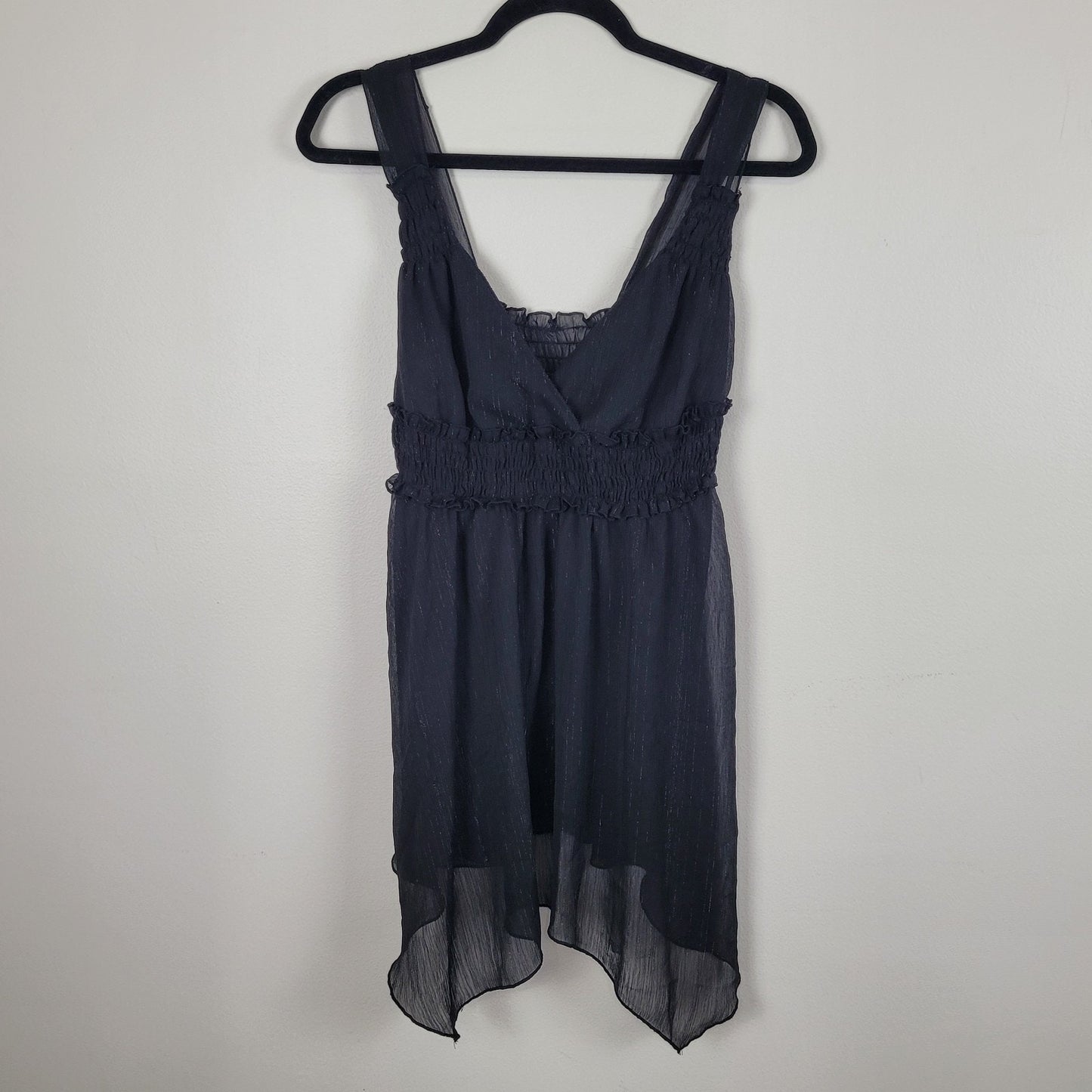 Vintage Jordache Y2K Juniors Large Black Babydoll Tunic Metallic Sheer Hem Club