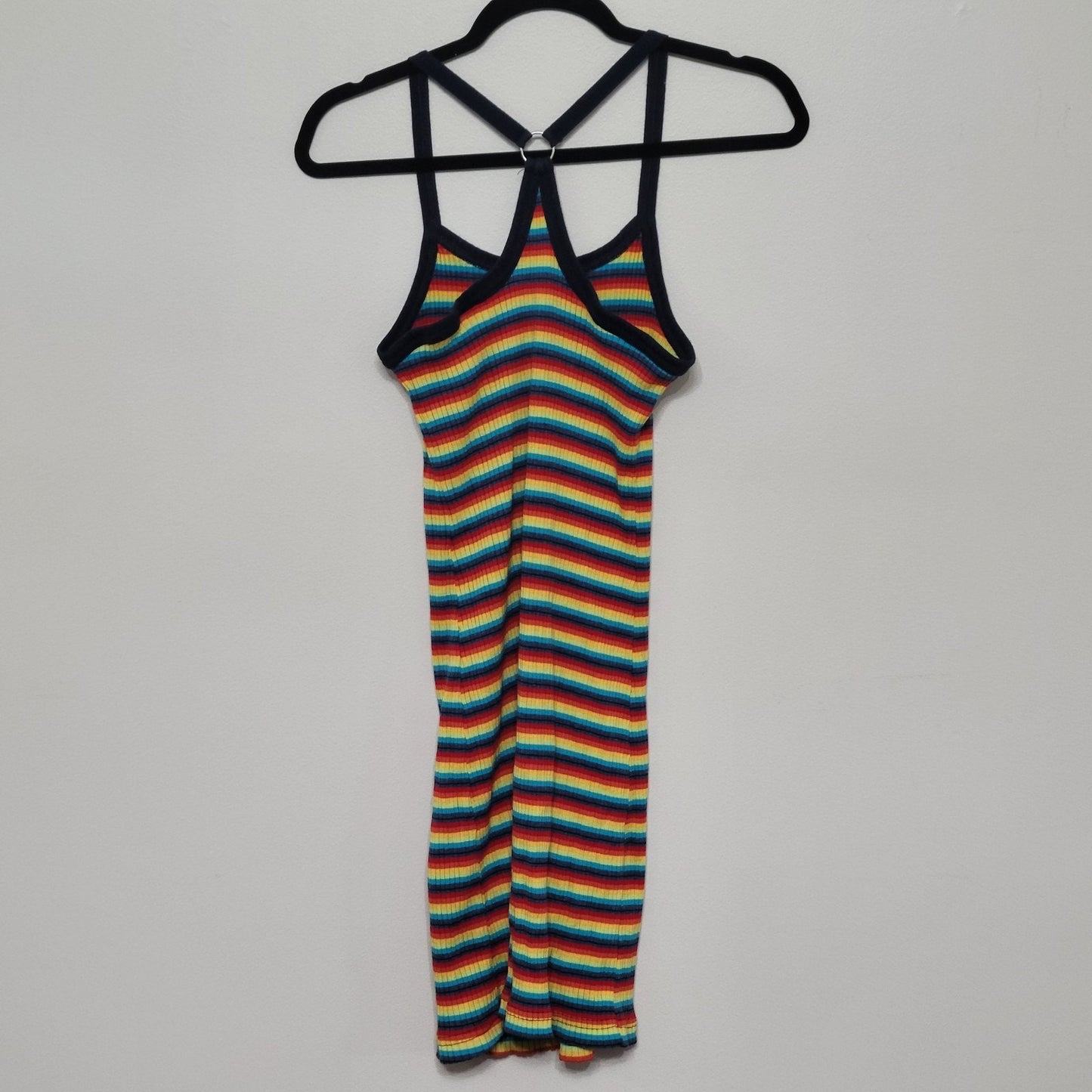 Ocean Pacific Rainbow Stripe Dress Medium Ribbed Knit Y2K Bodycon Vintage