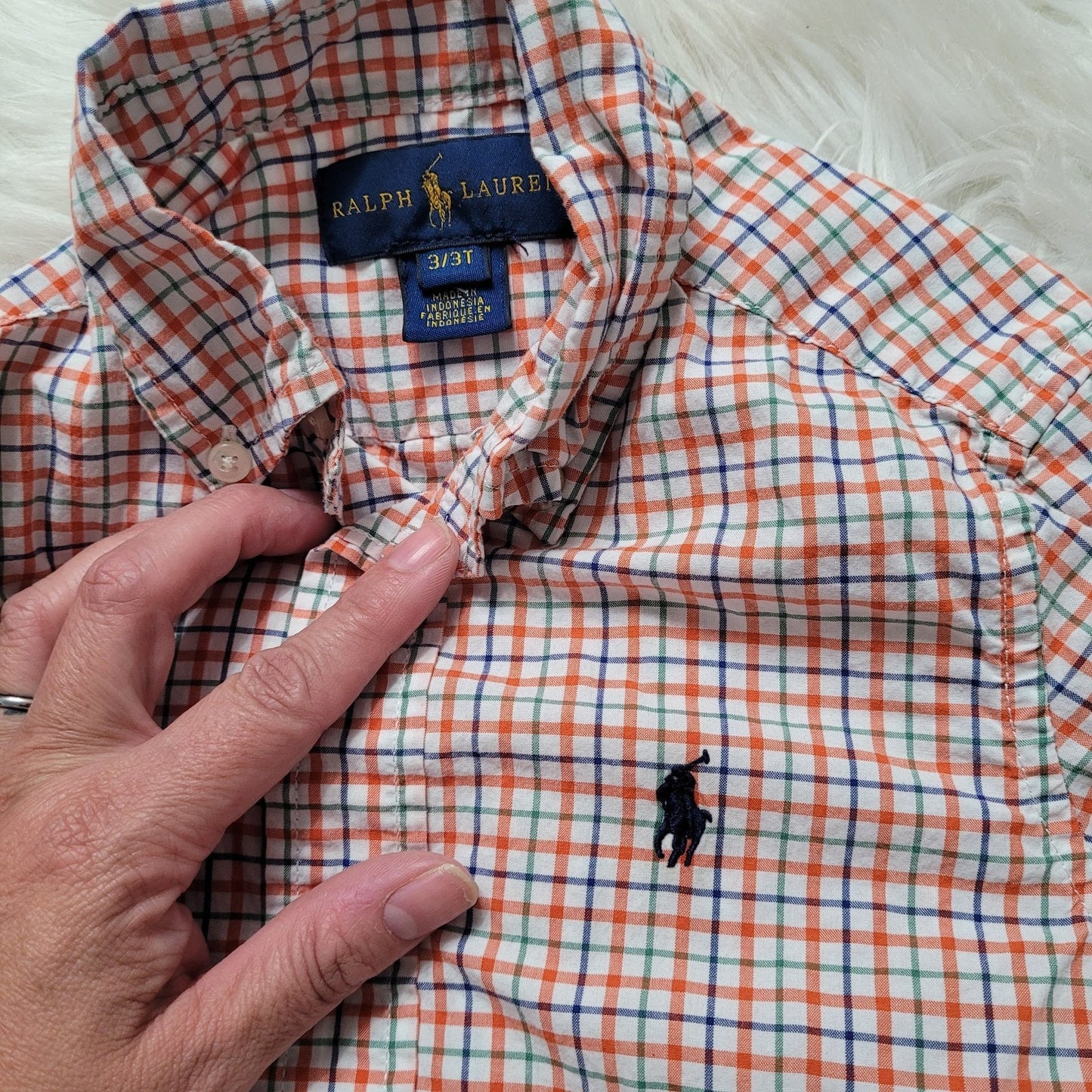 Ralph Lauren Polo Boys Dress Shirt 3T Orange Blue White Gingham Long Sleeve