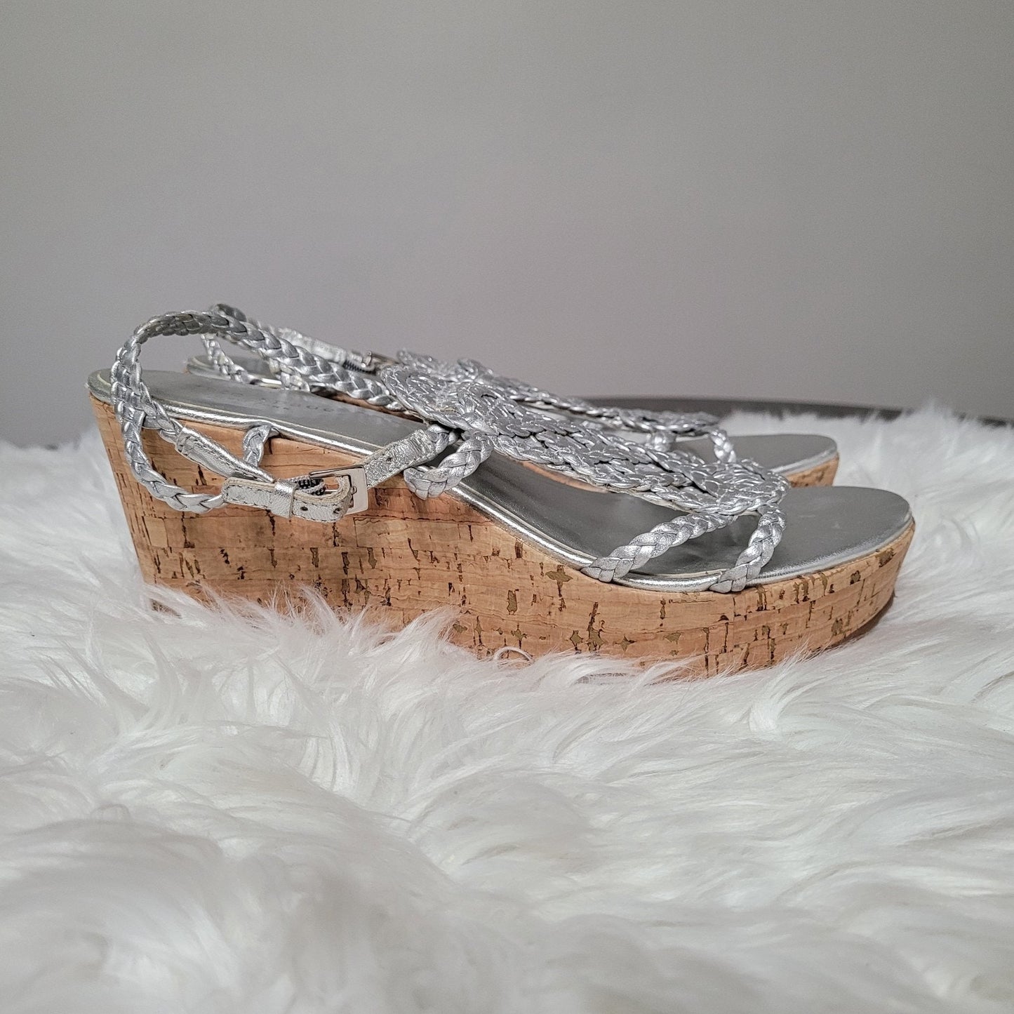 Kate Spade New York Women’s 8.5 Wedge Sandals Silver Braided Cork Heel