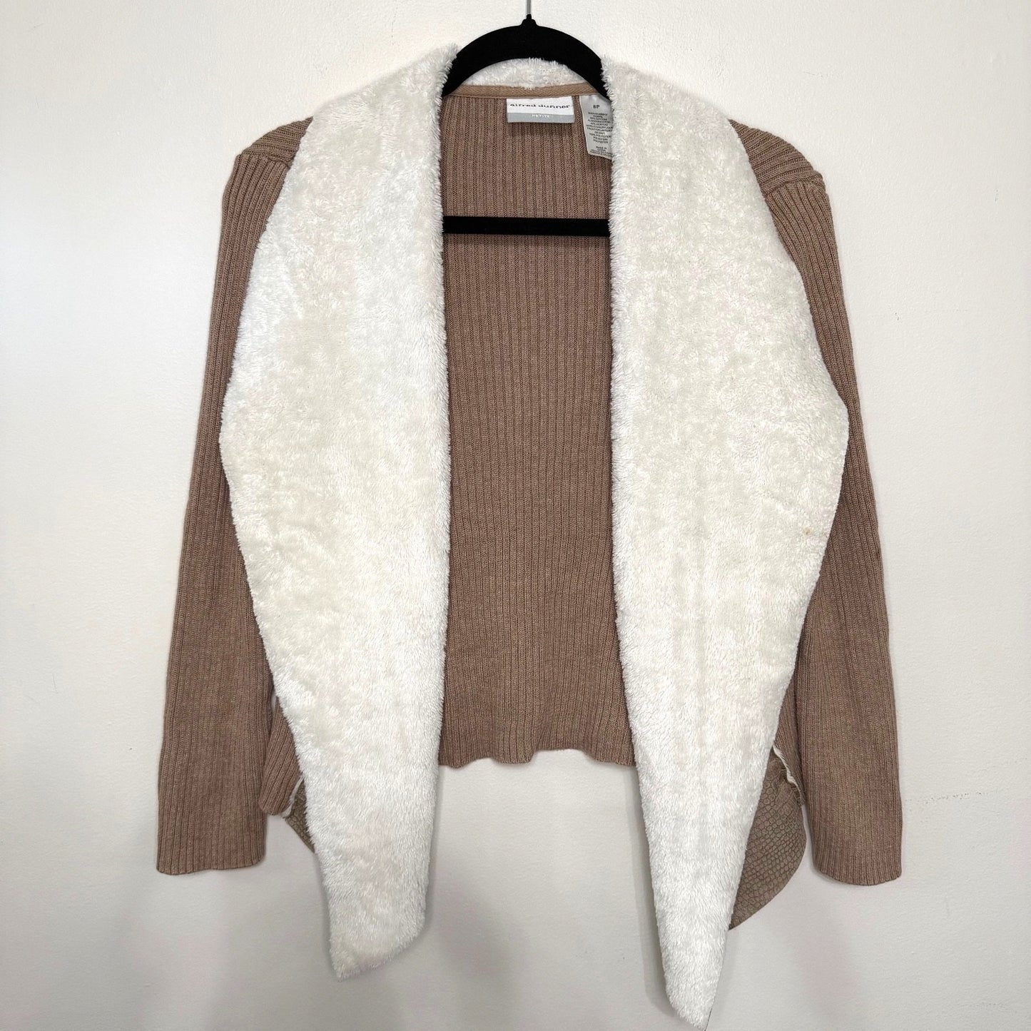 Alfred Dunner Womens 8P Open Cardigan Faux Fur Trim Brown Cozy Knit Penny Lane