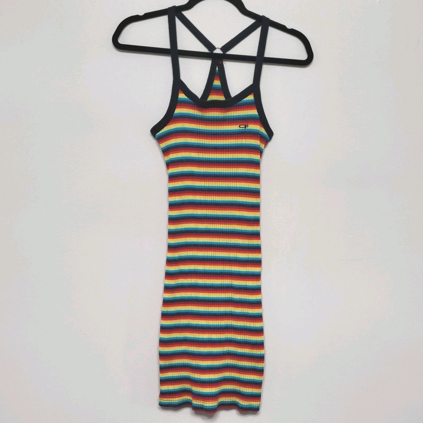 Ocean Pacific Rainbow Stripe Dress Medium Ribbed Knit Y2K Bodycon Vintage