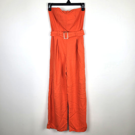Monteau Los Angeles Womens S Strapless Belted Wide Leg Jumpsuit Orange Pockets