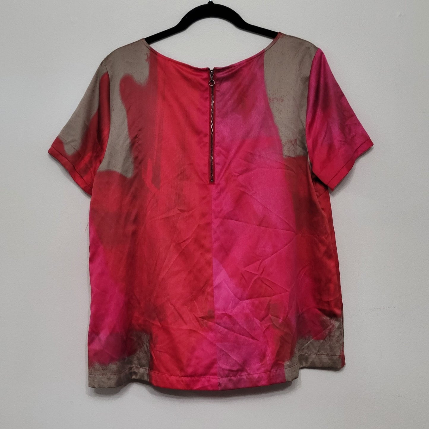 DKNY Jeans Pink Artful Short Sleeve Shirt XL Zip Back Colorblock Top