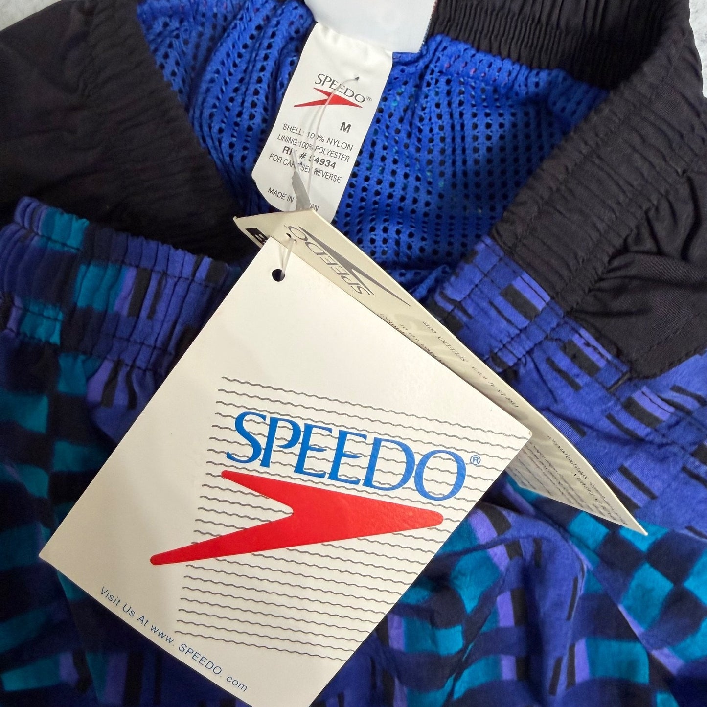 Speedo Men’s M Retro Blue Black Geometric Swim Trunks NWT