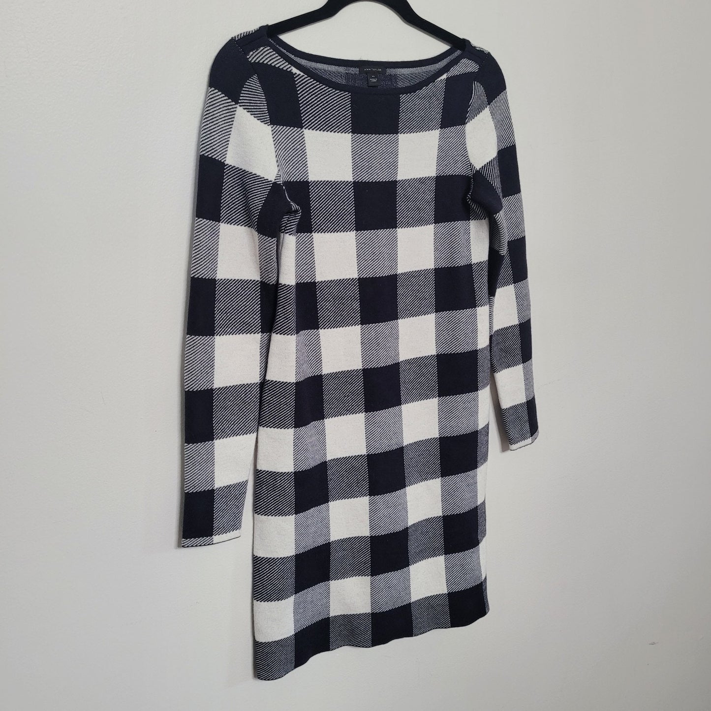 Ann Taylor Women’s XS Sweater Wool Dress Black White Buffalo Plaid Long Sleeve