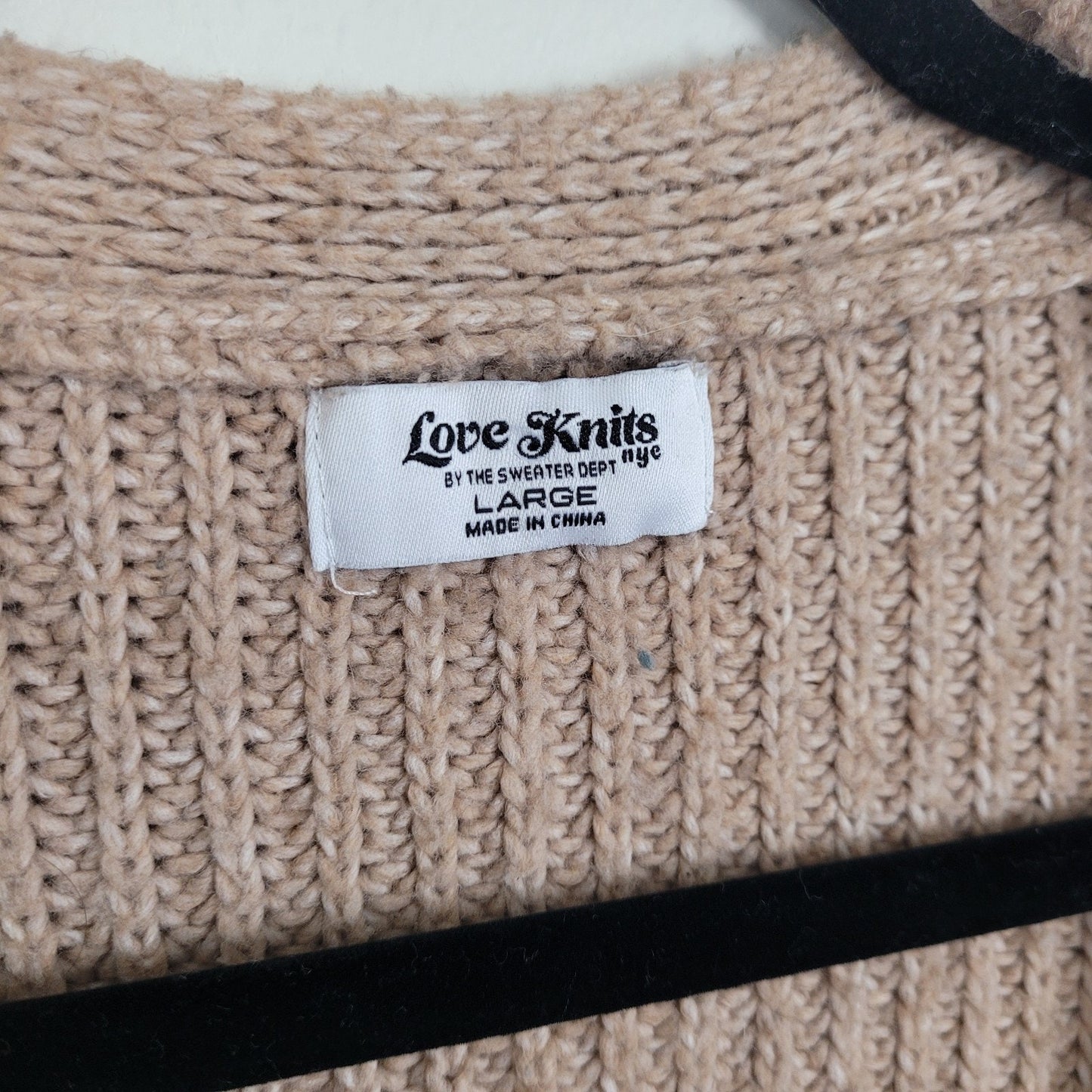 Love Knits Womens Large Tan Cardigan Sweater Ribbon Lace Up Detail Chunky Knit