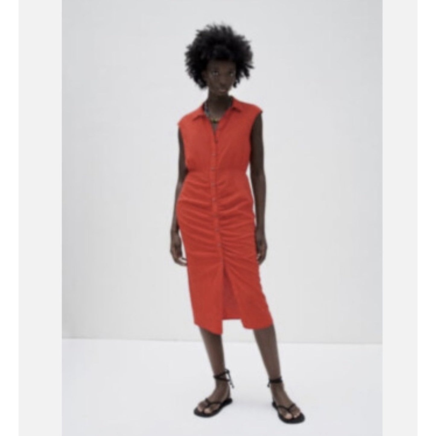 Zara Red Sleeveless Front Button Ruched Linen Blend Midi Dress Small NWT