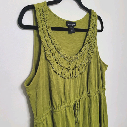 Lane Bryant Dress Size 14/16 Olive Green Ruffle Neck Sleeveless Boho